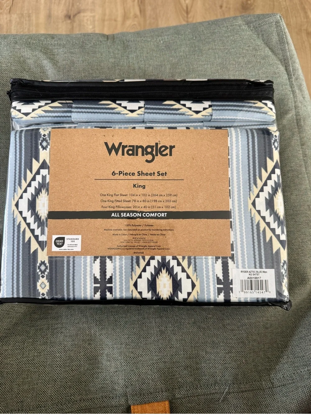 Wrangler King 6-Piece Sheet Set in blue and Cream Aztec Pattern